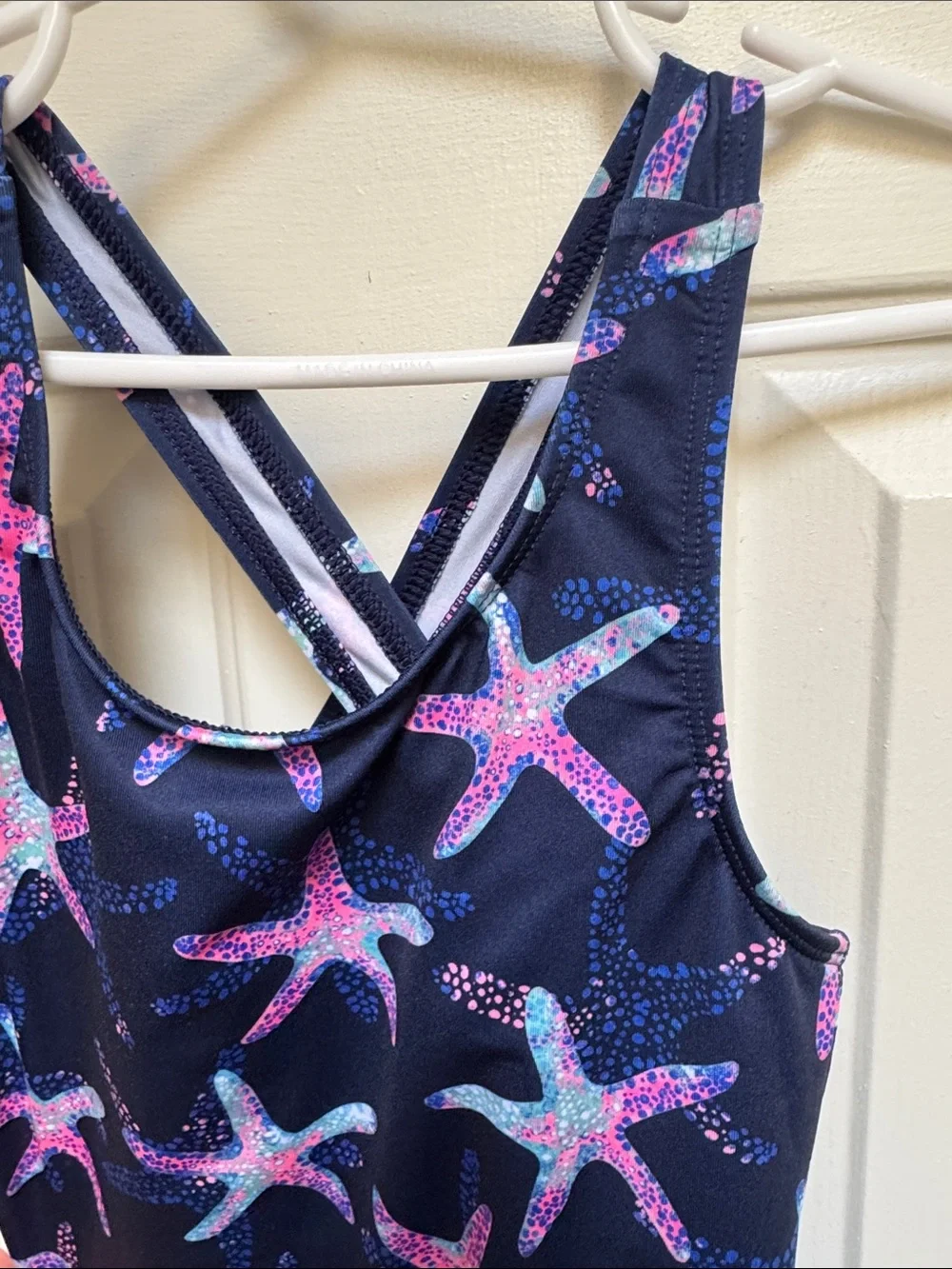 Lands End Girls size 6-7 S Navy Blue w/ Pink & Green Starfish 1 Piece Swimsuit - Picture 4 of 17